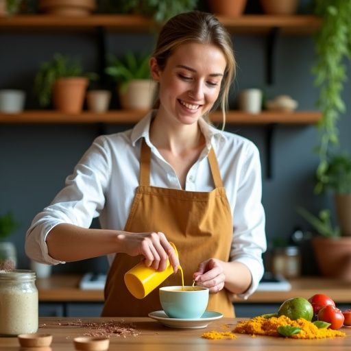 Χέρια που αναμιγνύουν κουρκουμά με γάλα για ένα υγιεινό ρόφημα
